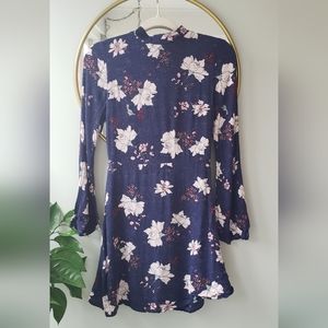 Love, Fire Navy Blue Floral Print Long Bell Sleeve Fit and Flare Dress Size S